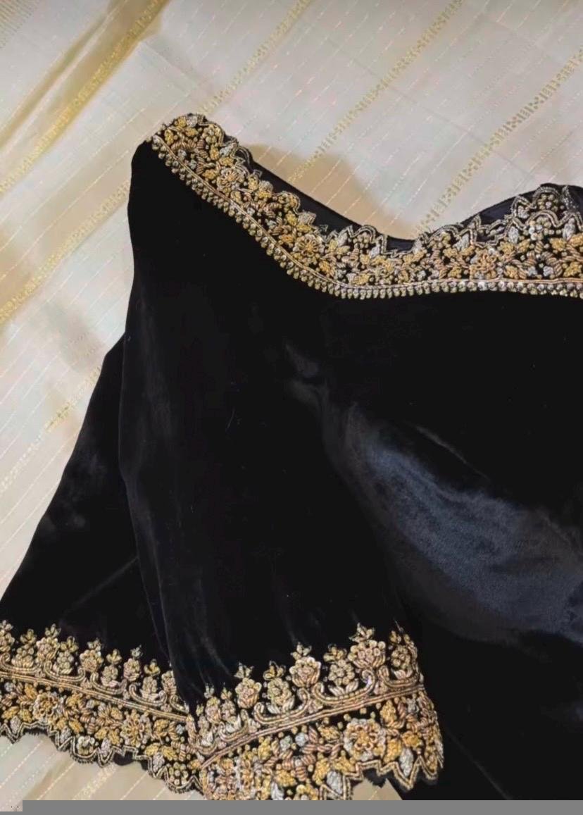 Black Velvet Zardosi Embroidered Saree Blouse - V-Neck, Elbow Sleeves