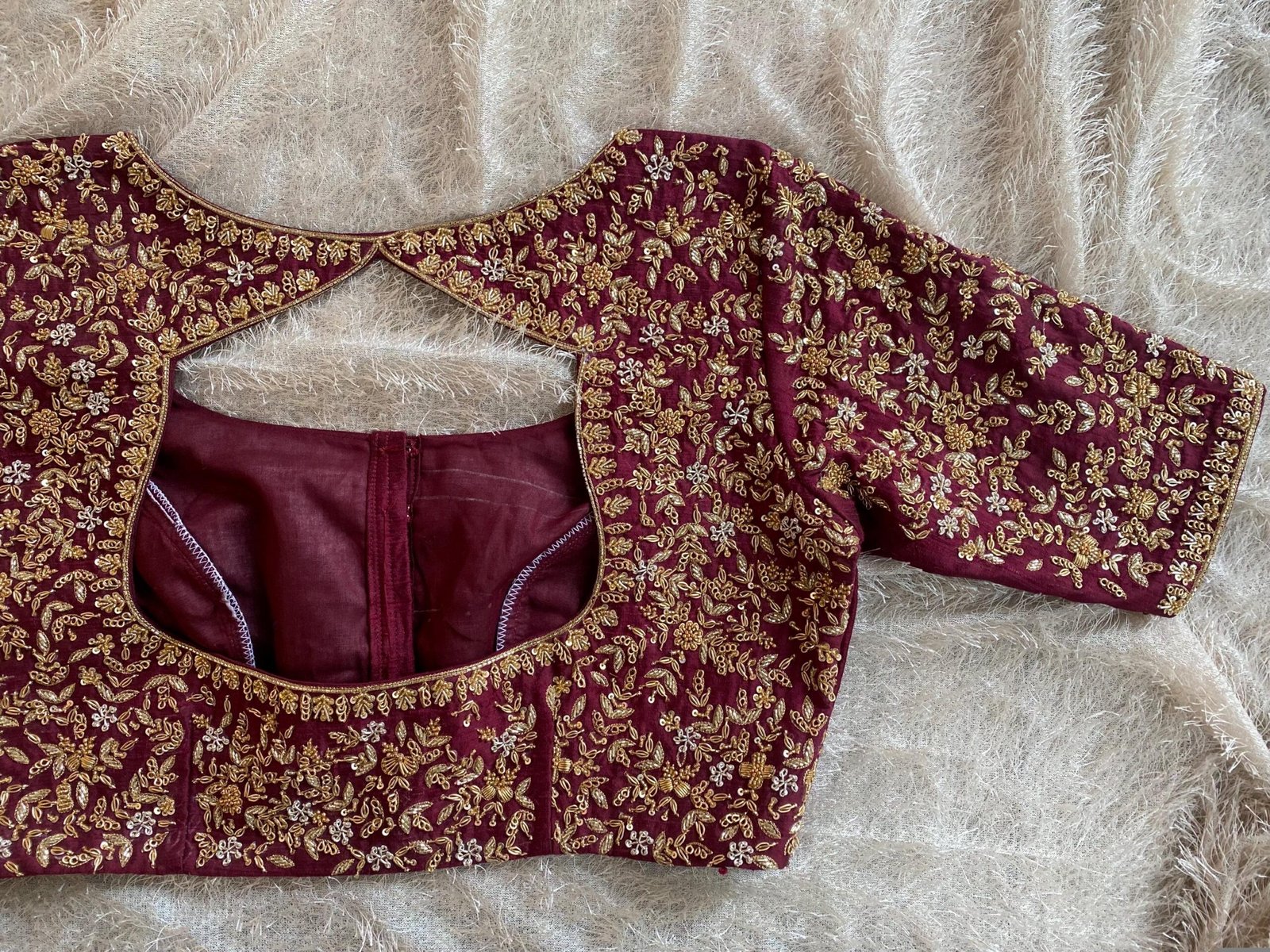 Hand Embroidered Zardosi Silk Blouse: Maroon Red Bridal Maggam Work