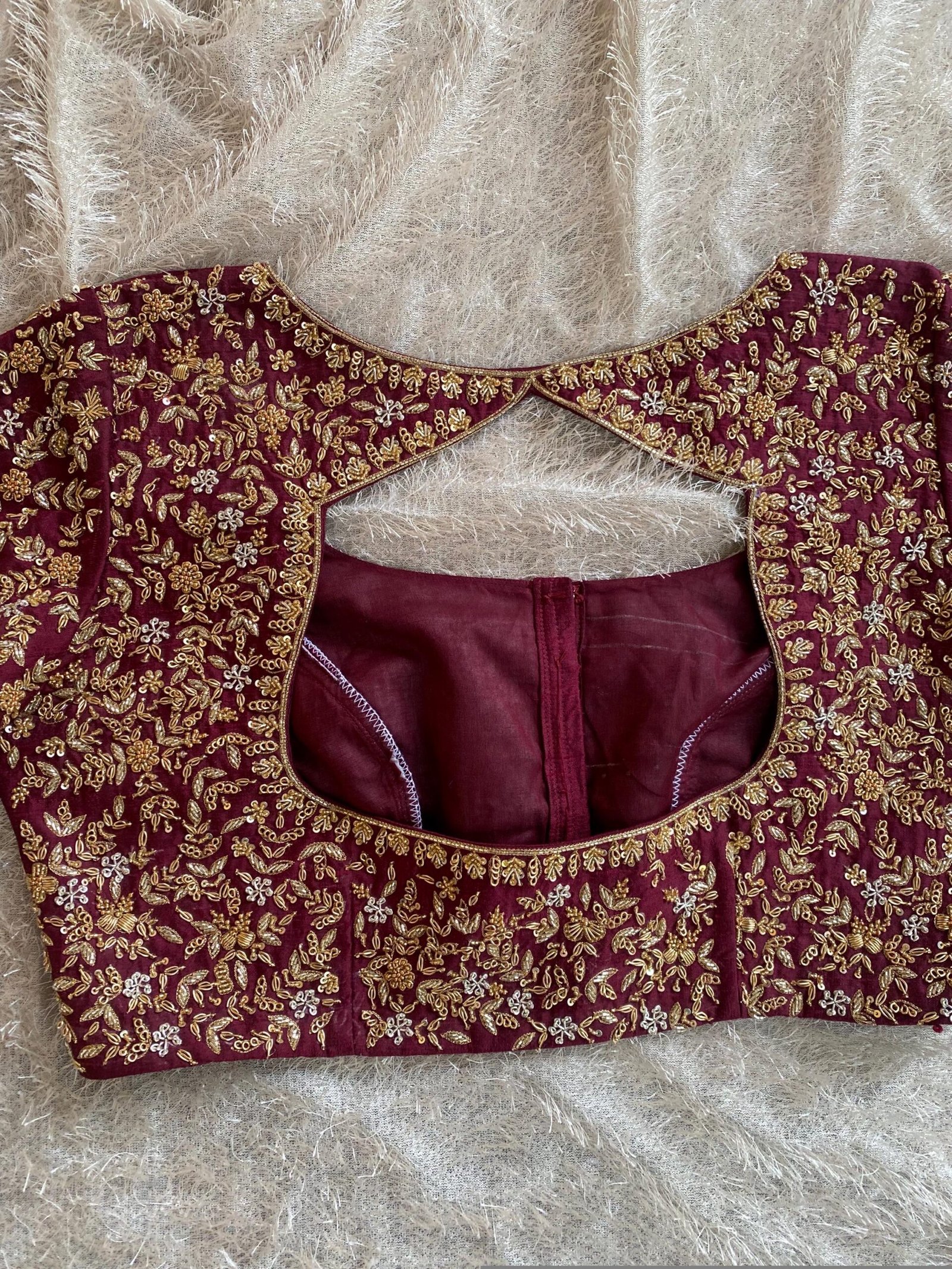 Hand Embroidered Zardosi Silk Blouse: Maroon Red Bridal Maggam Work