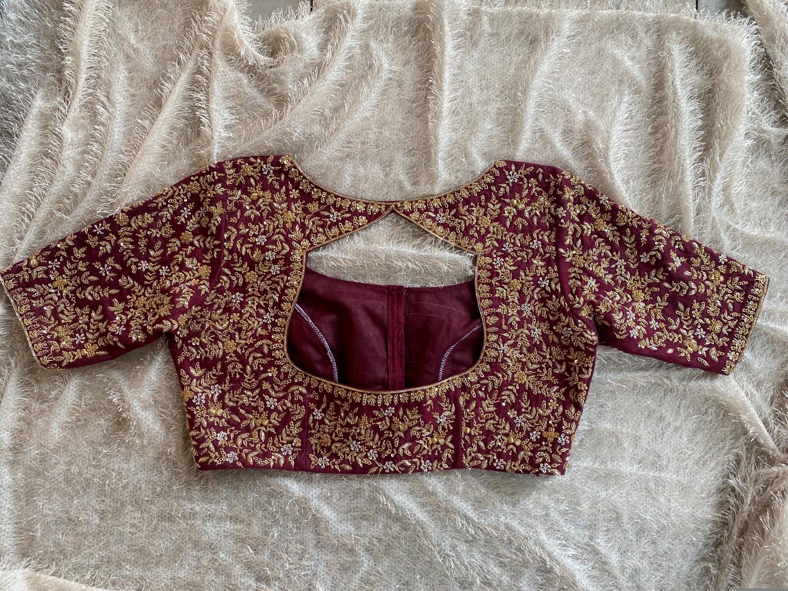 Hand Embroidered Zardosi Silk Blouse: Maroon Red Bridal Maggam Work
