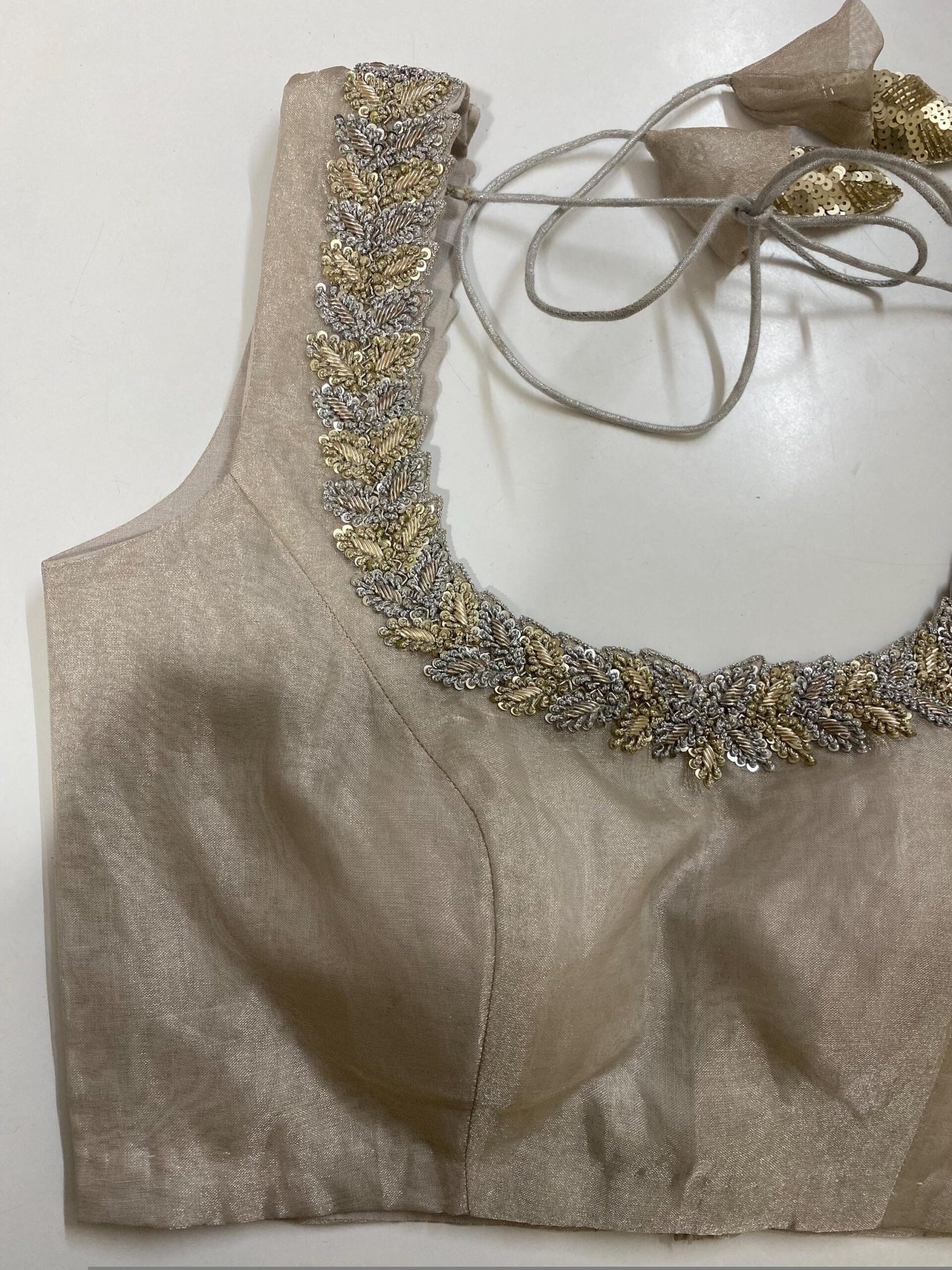 Hand Embroidered Zardosi Blouse: Silver Tissue Silk Sleeveless Crop Top