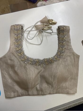 Hand Embroidered Zardosi Blouse: Silver Tissue Silk Sleeveless Crop Top