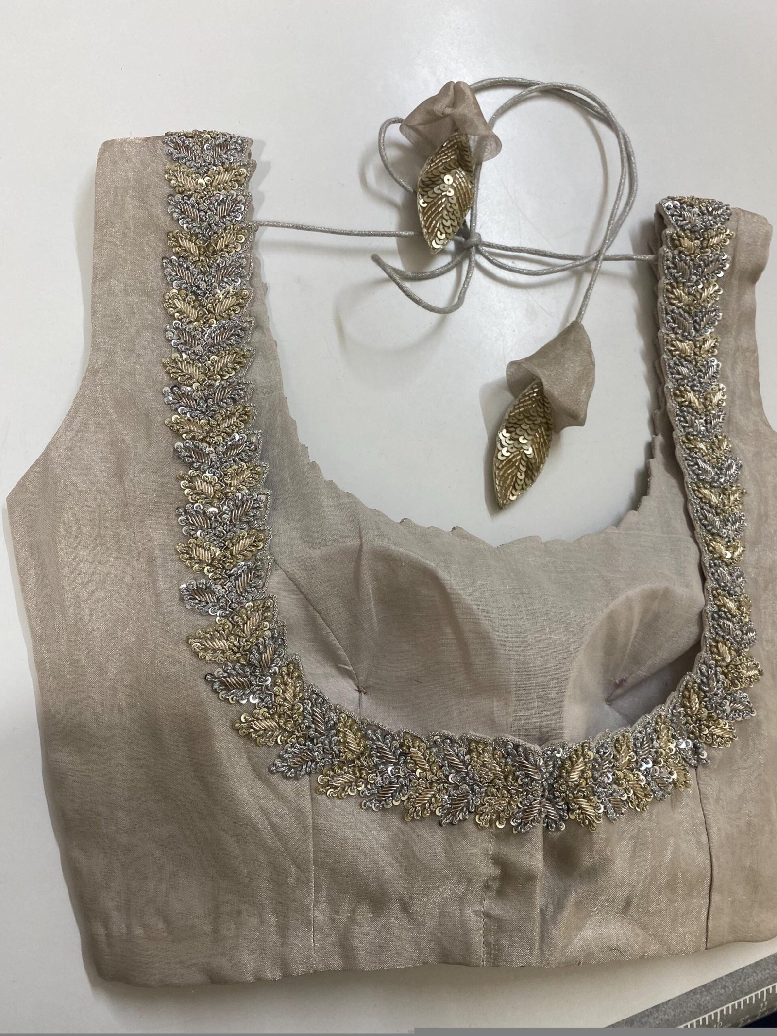 Hand Embroidered Zardosi Blouse: Silver Tissue Silk Sleeveless Crop Top
