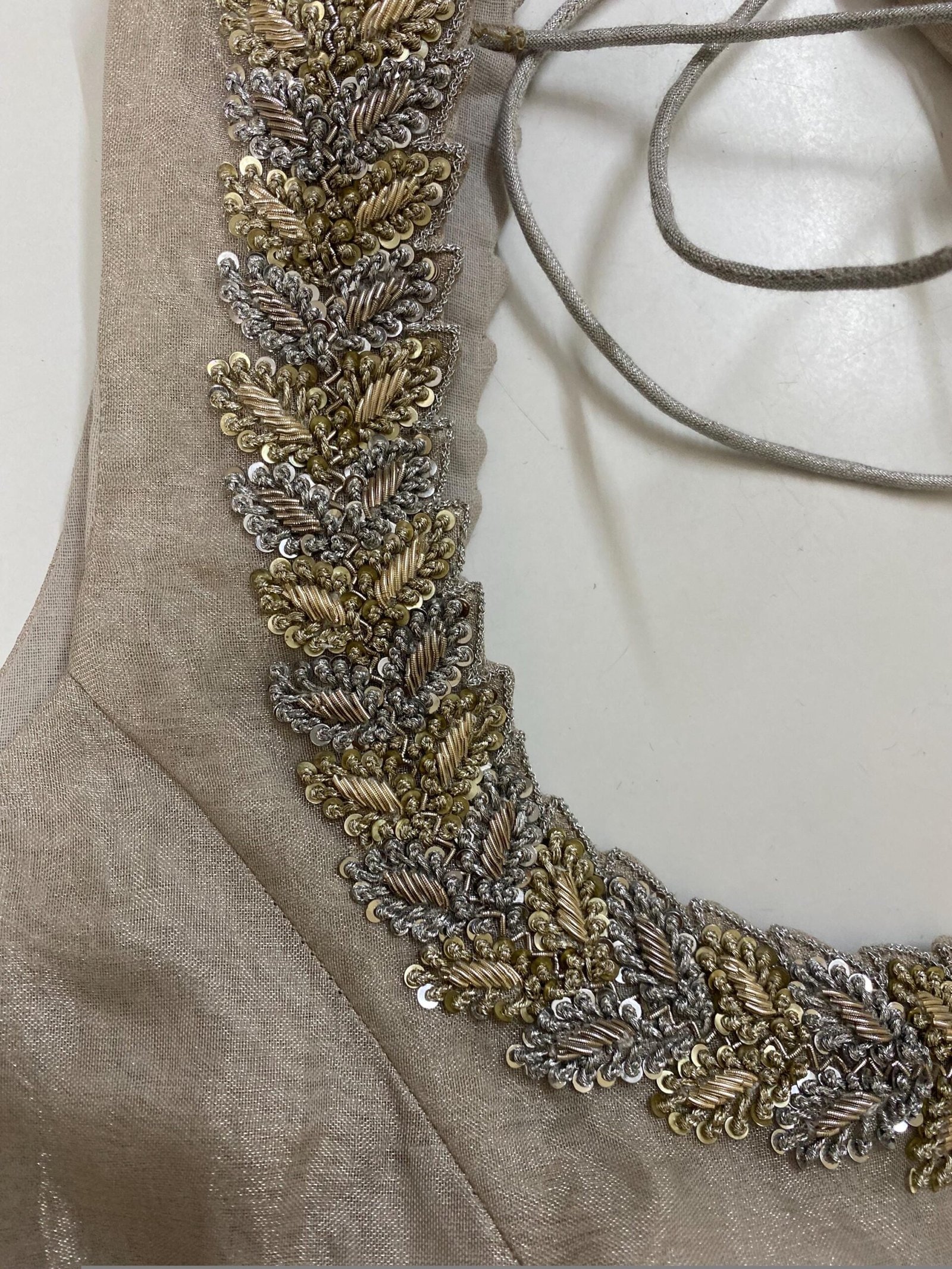 Hand Embroidered Zardosi Blouse: Silver Tissue Silk Sleeveless Crop Top