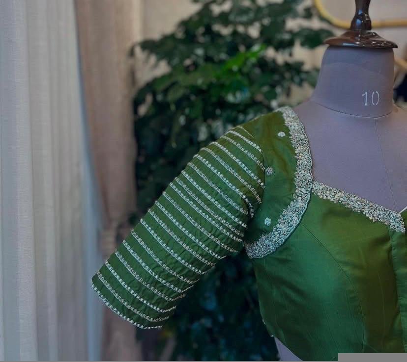 Hand Embroidered Zardosi Silk Blouse: Mehendi Green Maggam Work