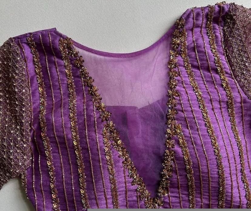 Lavender Hand Embroidered Silk Blouse: Zardosi Maggam Work