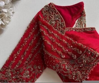 Red Silk Hand Embroidered Blouse: Zardosi Maggam Work, Soft Net Sleeves