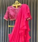 Pink Georgette Ruffle Saree: Hand-Embroidered Silk Blouse & Belt