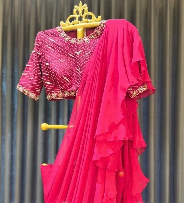 Pink Georgette Ruffle Saree: Hand-Embroidered Silk Blouse & Belt