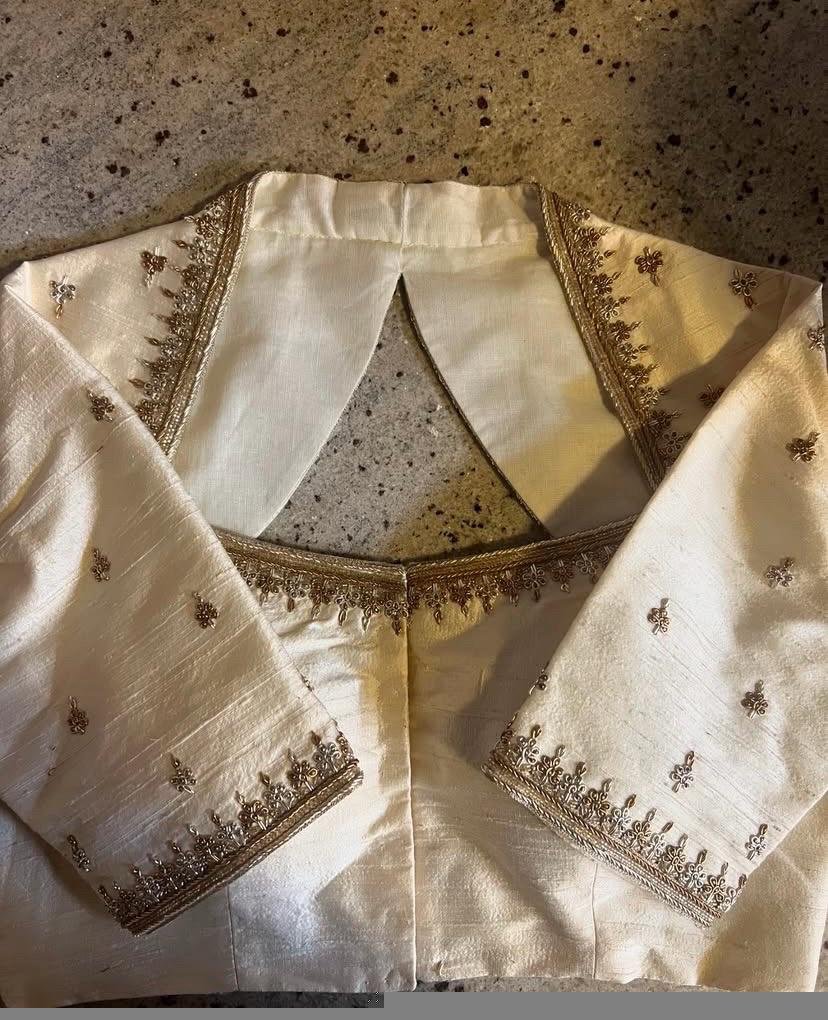 Hand Embroidered Cream Silk Blouse: Zardosi Maggam Work, Elbow Sleeves