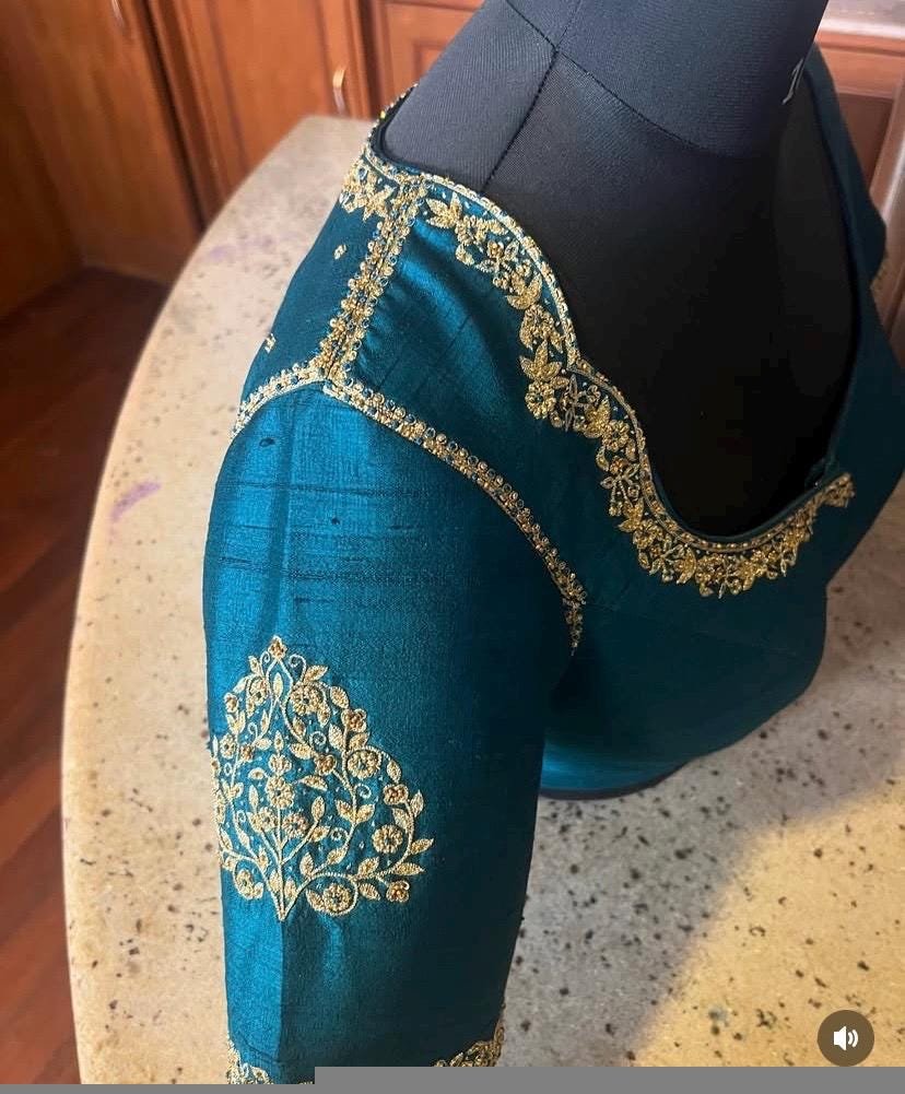 Hand Embroidered Silk Saree Blouse: Turquoise Blue Zardosi Maggam Work