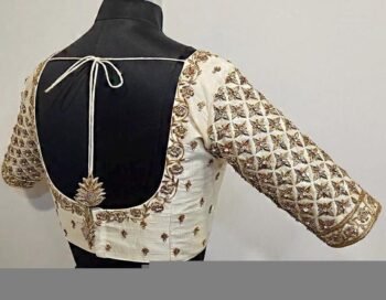 Hand Embroidered Zardosi Silk Blouse: Cream Maggam Work, Elbow Sleeves
