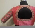 Peach Silk Hand Embroidered Blouse: Zardosi Sari Crop Top