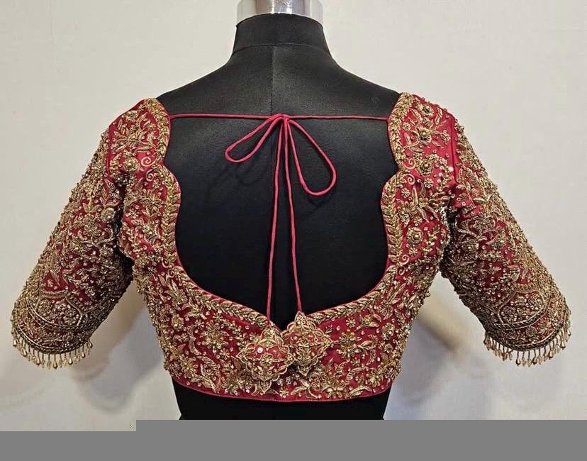 Hand Embroidered Raw Silk Blouse: Maroon Red Zardosi Bridal Top