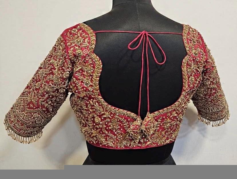 Hand Embroidered Raw Silk Blouse: Maroon Red Zardosi Bridal Top
