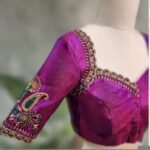 Hand Embroidered Silk Saree Blouse: Magenta Pink Zardosi Maggam Work