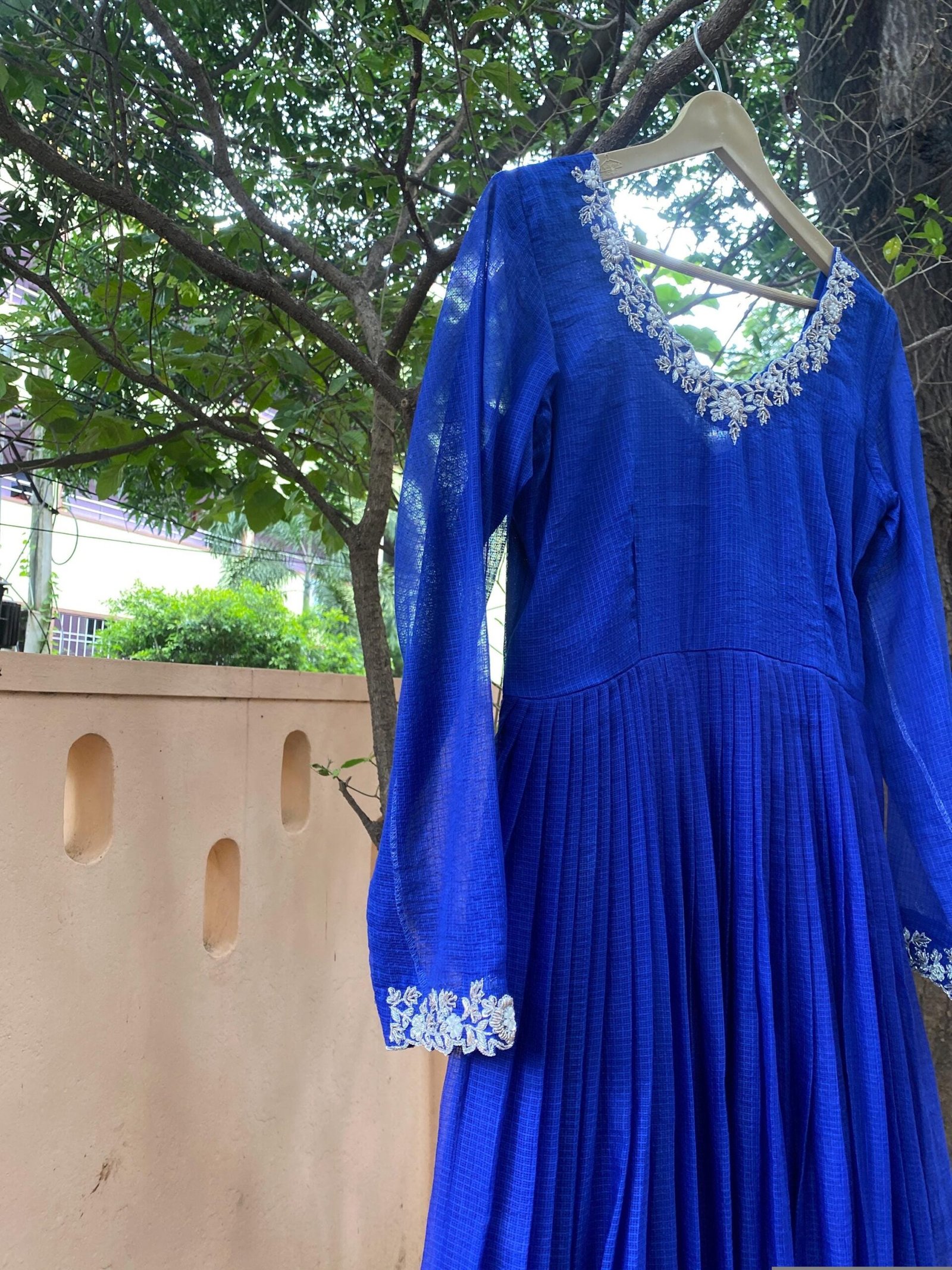 Hand Embroidered Kota Cotton Anarkali Dress: Royal Blue Indian Dress, cotton kurta,cotton kots kurta,handwork dress,summer dress,handwork dr