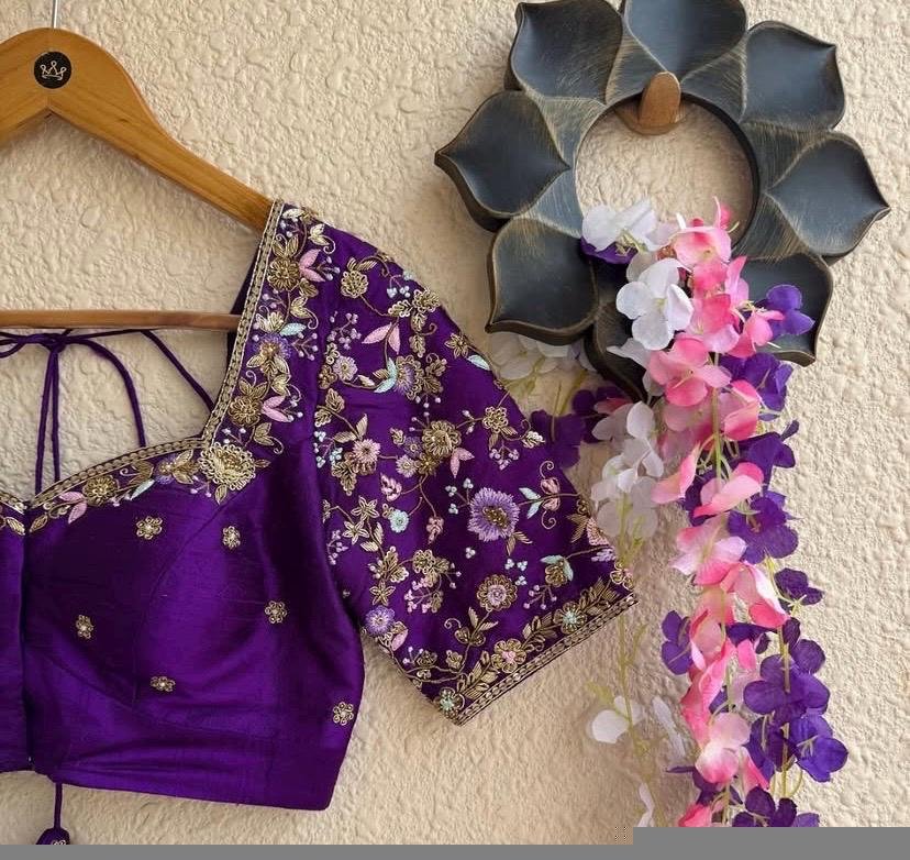 Purple Zardosi Bridal Blouse: Hand Embroidered Silk Maggam Work