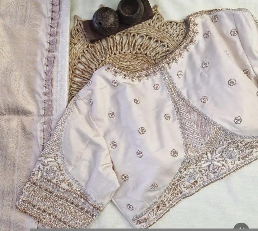 Hand Embroidered Raw Silk Blouse: Cream Zardosi Maggam Work,mix and match blouse,plus size blouse,hand work blouse,maggam work blouse,cream
