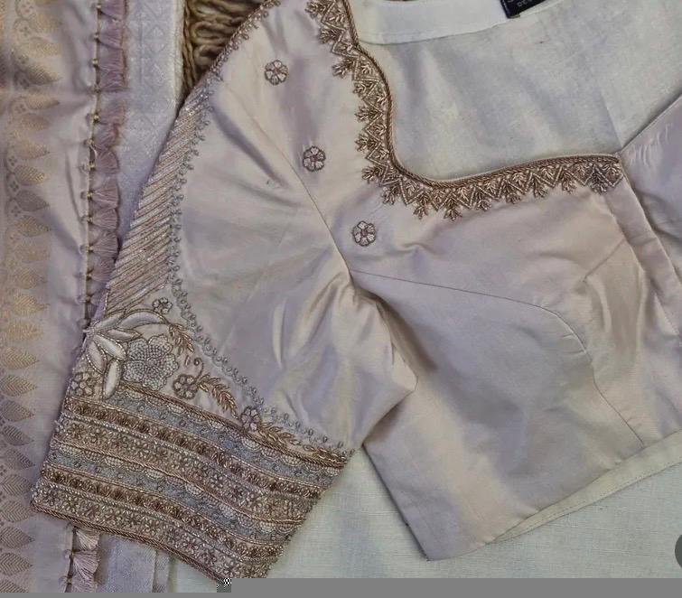 Hand Embroidered Raw Silk Blouse: Cream Zardosi Maggam Work,mix and match blouse,plus size blouse,hand work blouse,maggam work blouse,cream