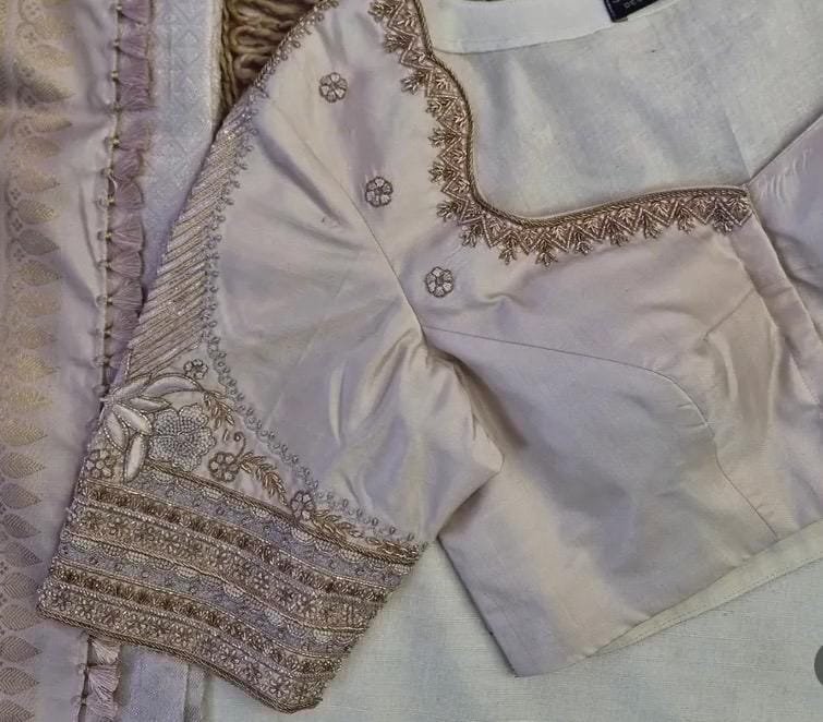 Hand Embroidered Raw Silk Blouse: Cream Zardosi Maggam Work,mix and match blouse,plus size blouse,hand work blouse,maggam work blouse,cream