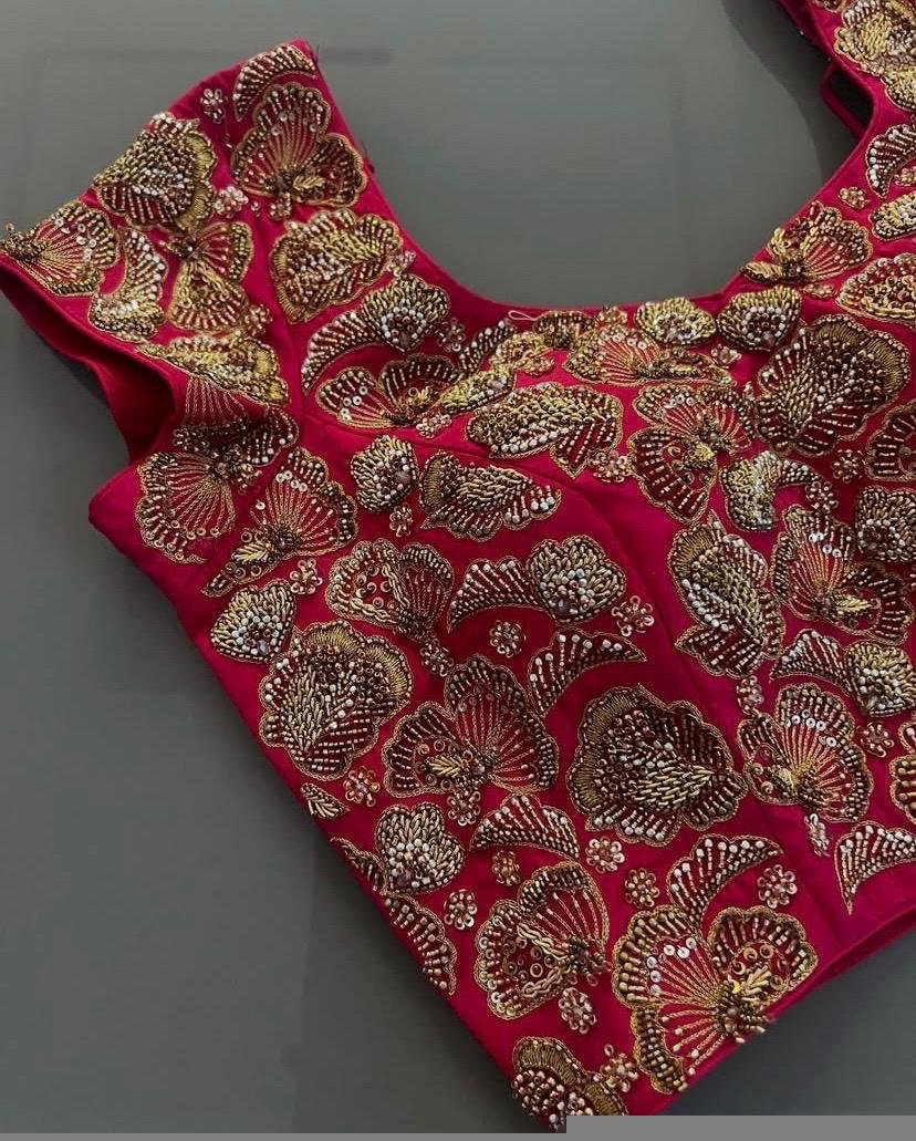 Red Zardosi Embroidered Silk Blouse: Hand-stitched Maggam Saree Crop Top