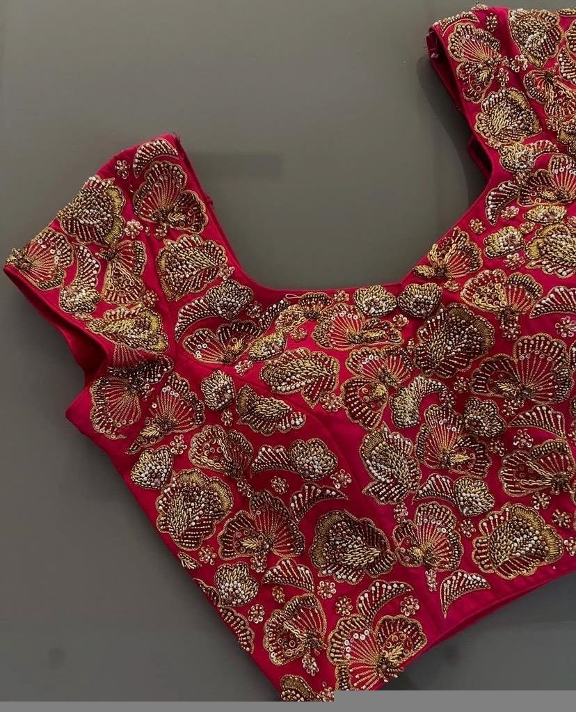 Red Zardosi Embroidered Silk Blouse: Hand-stitched Maggam Saree Crop Top
