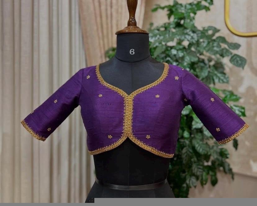 Purple Silk Hand Embroidered Saree Blouse: Zardosi Maggam Work, plus size blouses,handwork blouse,purple maggam blouse,Mix and match blouse