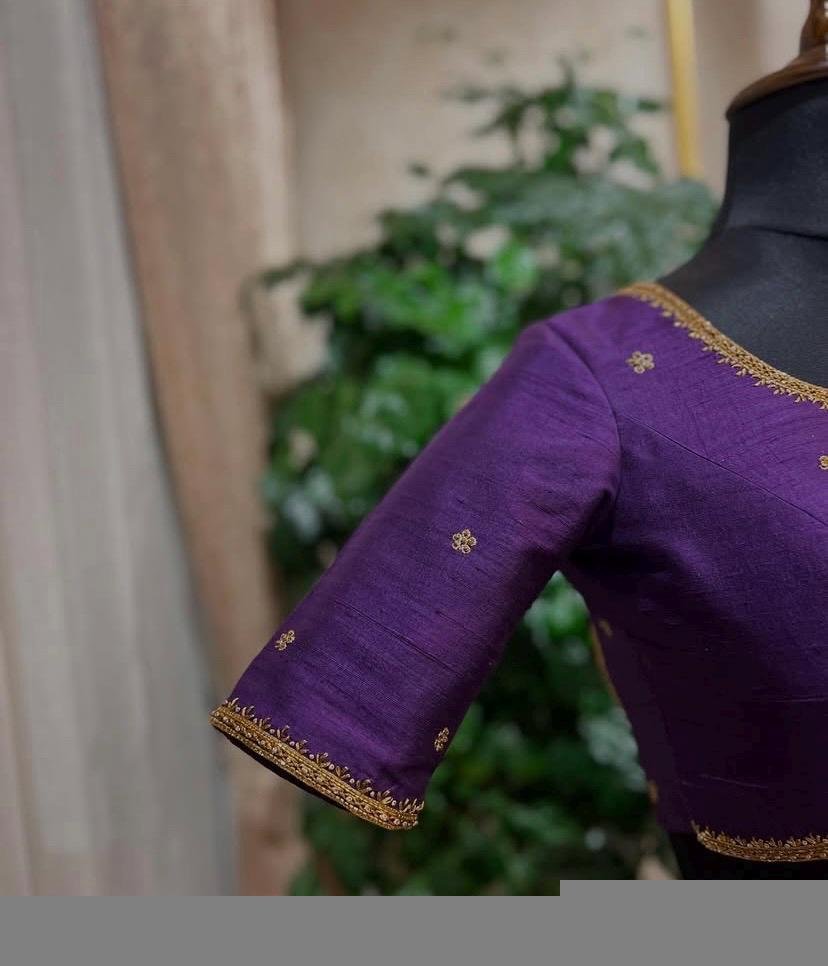 Purple Silk Hand Embroidered Saree Blouse: Zardosi Maggam Work, plus size blouses,handwork blouse,purple maggam blouse,Mix and match blouse