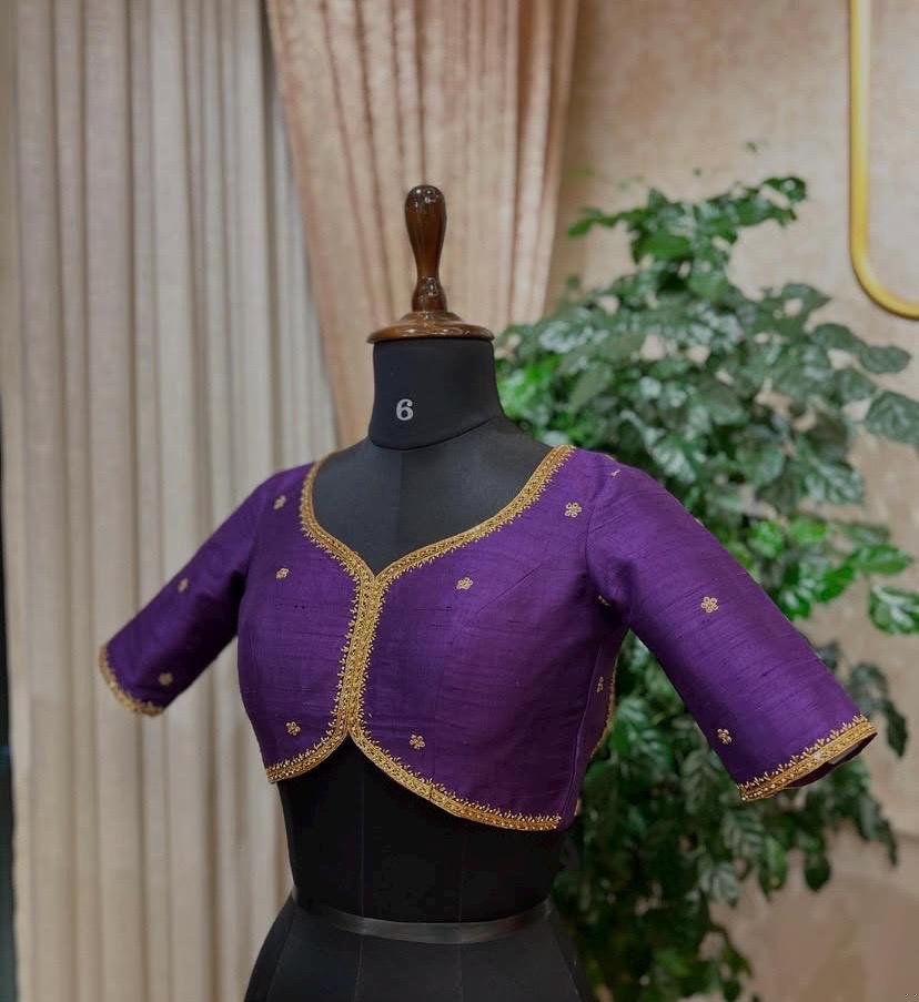 Purple Silk Hand Embroidered Saree Blouse: Zardosi Maggam Work, plus size blouses,handwork blouse,purple maggam blouse,Mix and match blouse