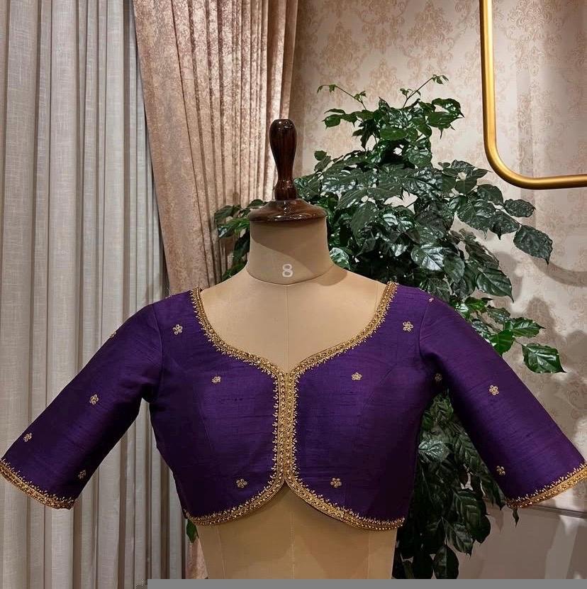 Purple Silk Hand Embroidered Saree Blouse: Zardosi Maggam Work, plus size blouses,handwork blouse,purple maggam blouse,Mix and match blouse