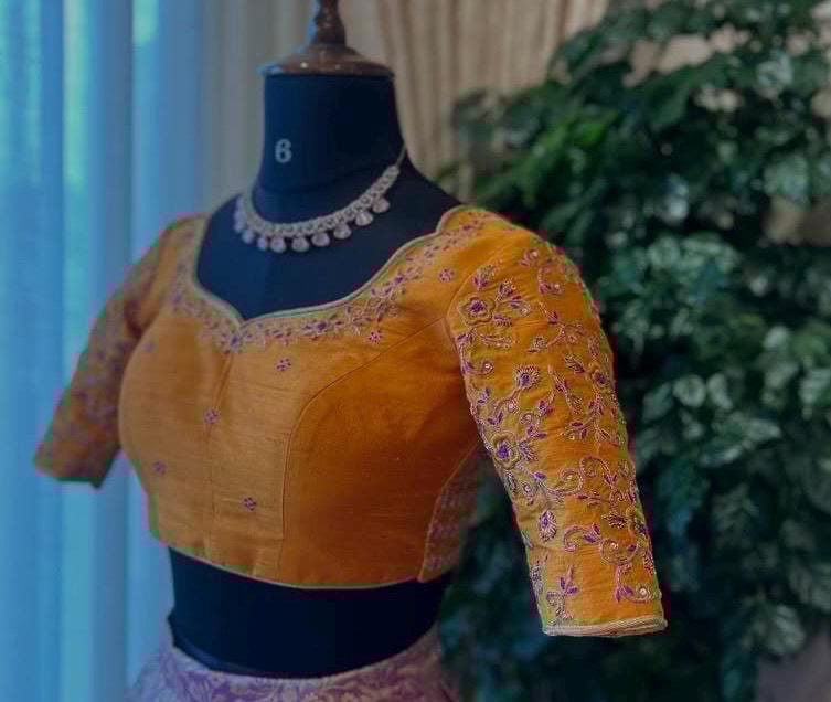 Hand Embroidered Zardosi Silk Blouse: Orange Saree Top