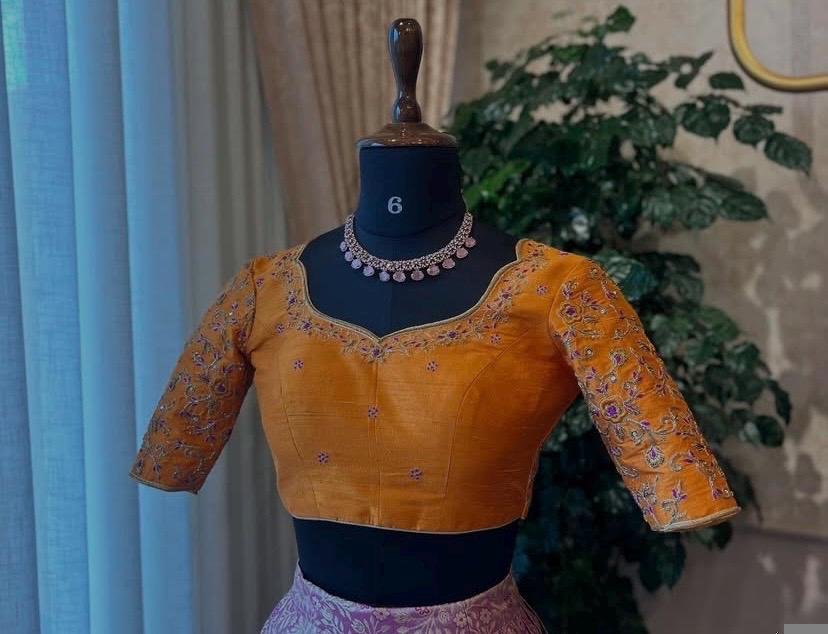 Hand Embroidered Zardosi Silk Blouse: Orange Saree Top