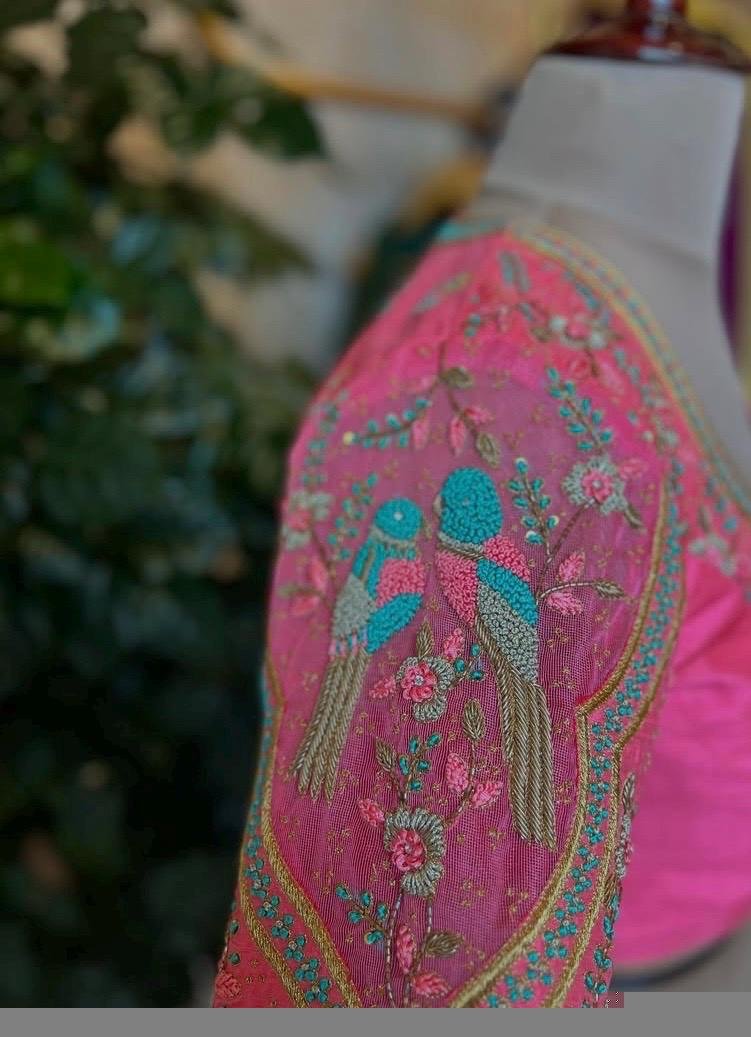 Hand Embroidered Zardosi Silk Blouse: Light Pink Maggam Work