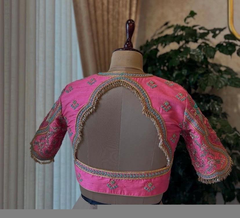 Hand Embroidered Zardosi Silk Blouse: Light Pink Maggam Work