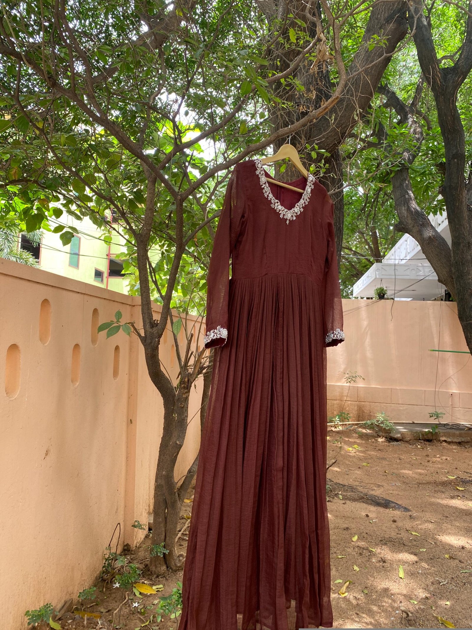 Hand Embroidered Kota Cotton Anarkali Dress: Brown Indian Dress