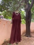 Hand Embroidered Kota Cotton Anarkali Dress: Brown Indian Dress