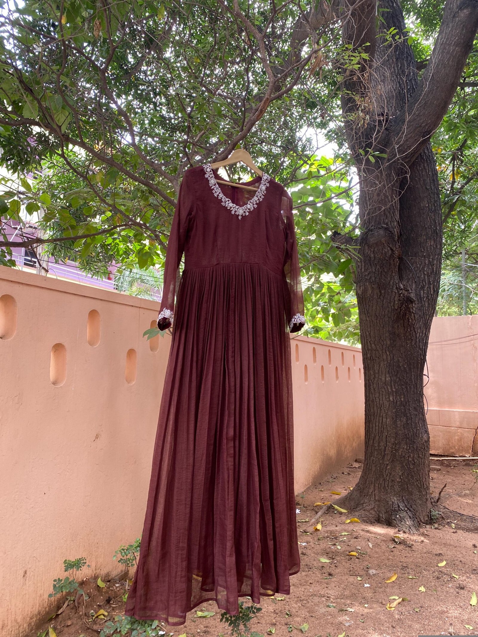 Hand Embroidered Kota Cotton Anarkali Dress: Brown Indian Dress
