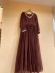Hand Embroidered Kota Cotton Anarkali Dress: Brown Indian Dress