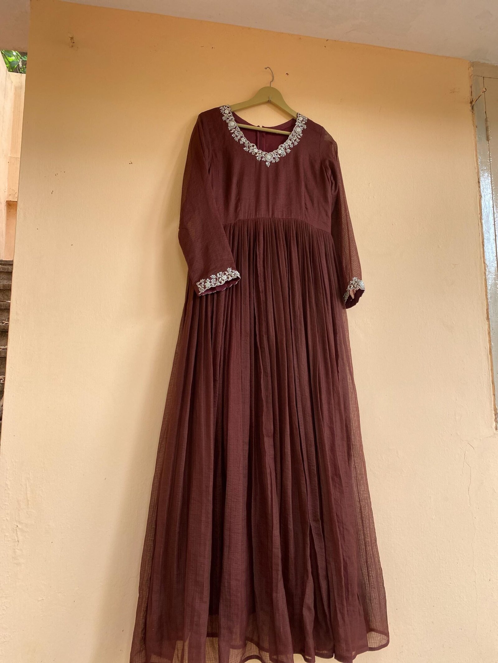 Hand Embroidered Kota Cotton Anarkali Dress: Brown Indian Dress