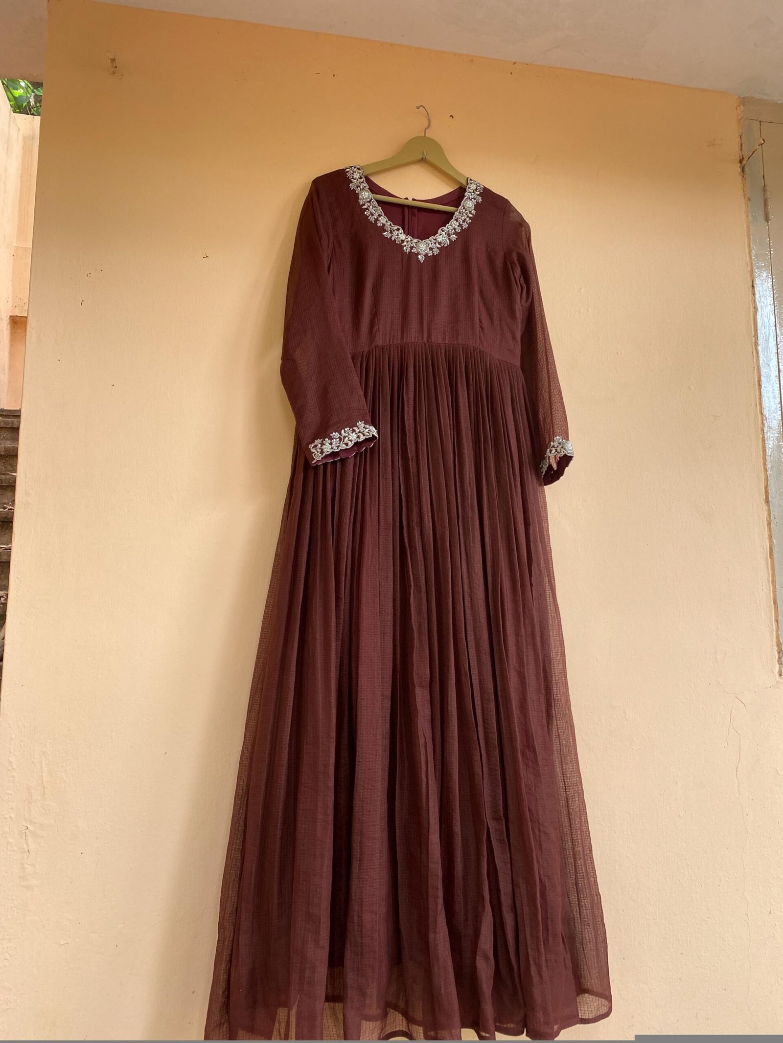 Hand Embroidered Kota Cotton Anarkali Dress: Brown Indian Dress, summer dress , Kota cotton dress, handwork dress, simple dress kurta cotton
