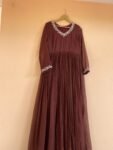 Hand Embroidered Kota Cotton Anarkali Dress: Brown Indian Dress