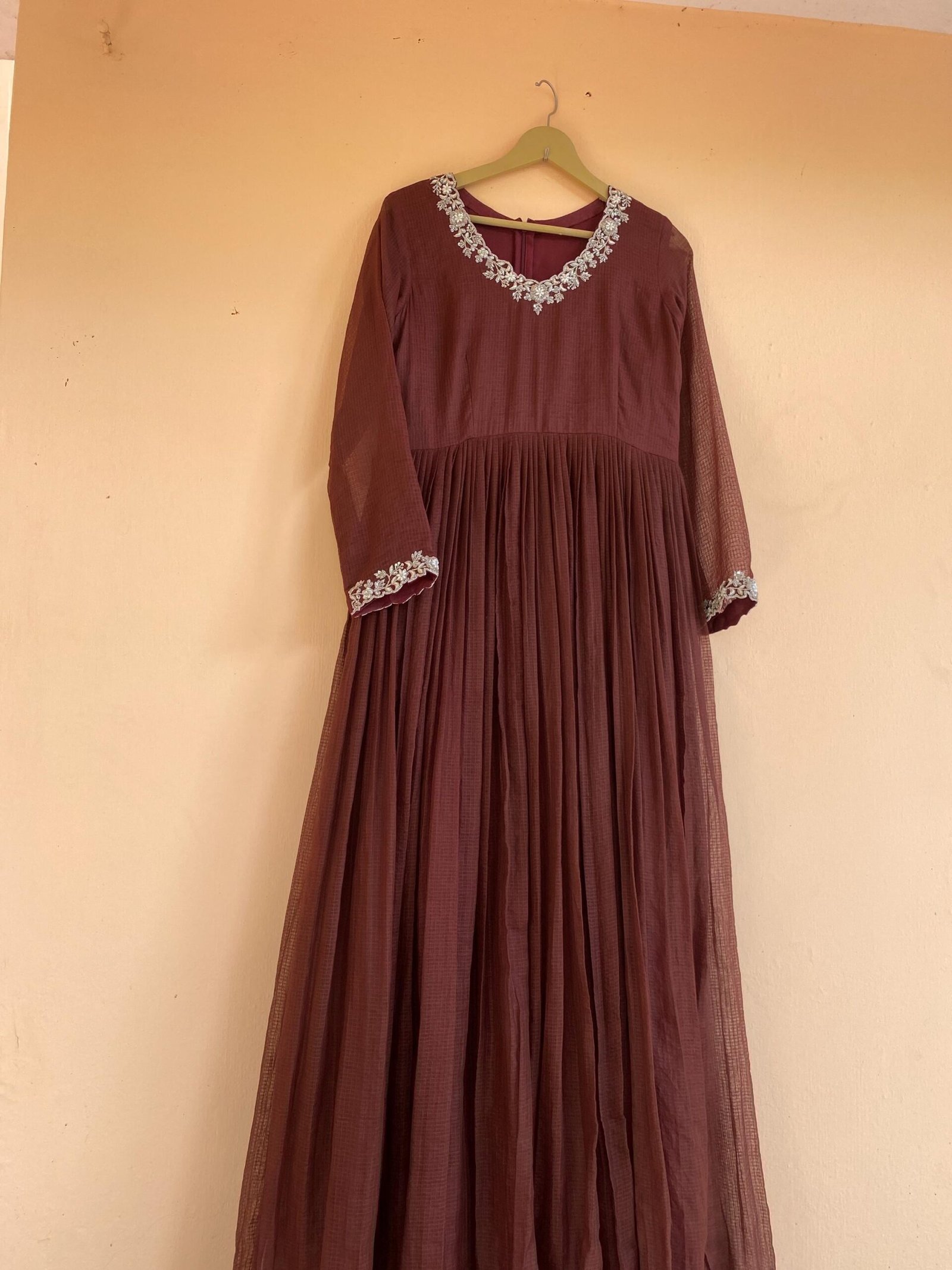 Hand Embroidered Kota Cotton Anarkali Dress: Brown Indian Dress