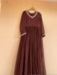 Hand Embroidered Kota Cotton Anarkali Dress: Brown Indian Dress, summer dress , Kota cotton dress, handwork dress, simple dress kurta cotton