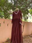 Hand Embroidered Kota Cotton Anarkali Dress: Brown Indian Dress