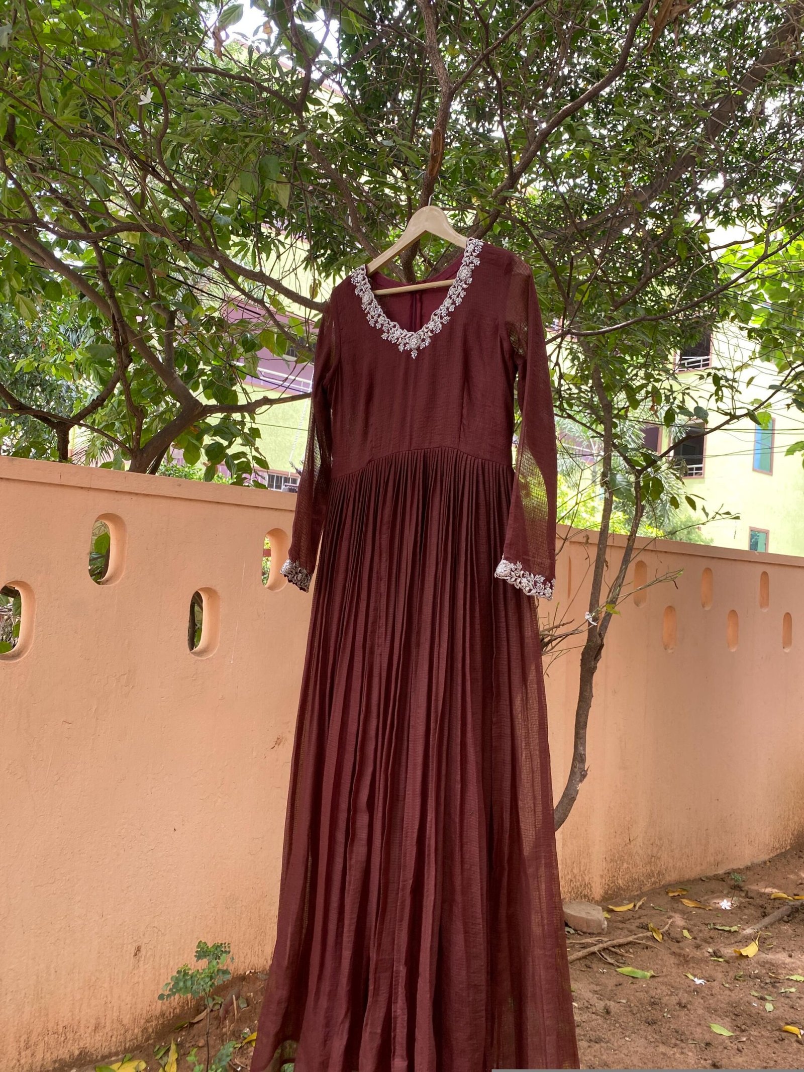 Hand Embroidered Kota Cotton Anarkali Dress: Brown Indian Dress