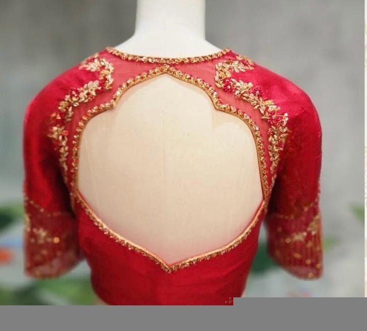 Red Silk Zardosi Embroidered Saree Blouse: Hand-Embroidered Maggam Work