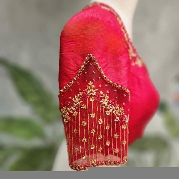 Red Silk Zardosi Embroidered Saree Blouse: Hand-Embroidered Maggam Work