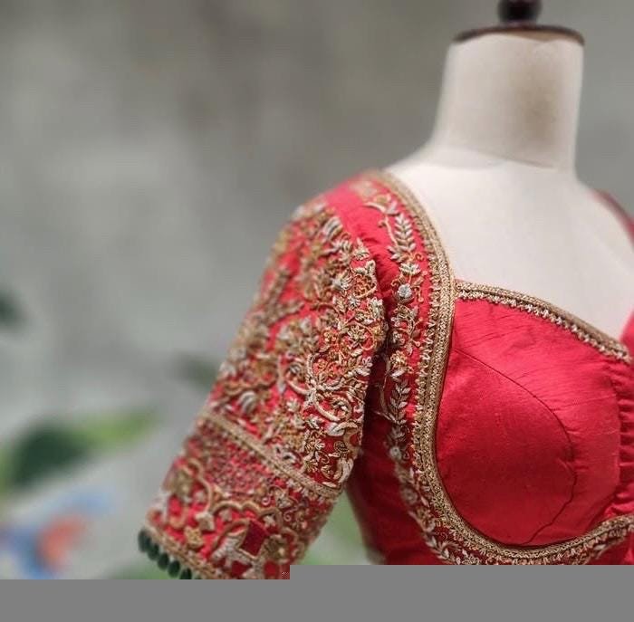 Red Silk Bridal Blouse: Hand Embroidered Zardosi Wedding Crop Top, bridal saree blouse,handwork blouse,bridal wedding blouse,Indian blouses