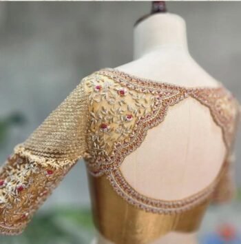 Hand Embroidered Zardosi Silk Blouse: Golden Beige Bridal Top, plus size golden blouse,saree blouse USA,handwork blouse maggam work,golden